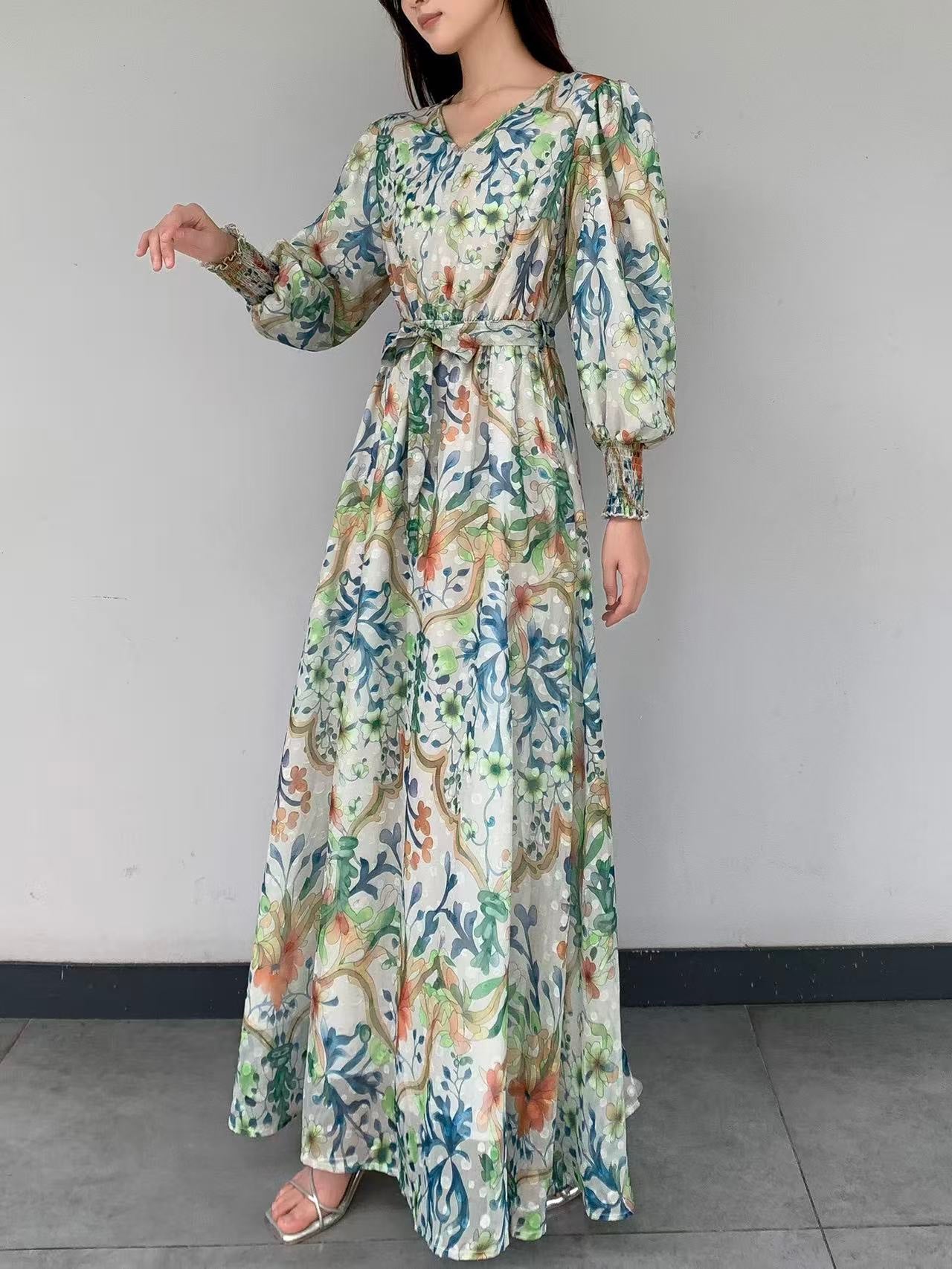 Bohemian Floral Chiffon Maxi Dress (L-235052 )