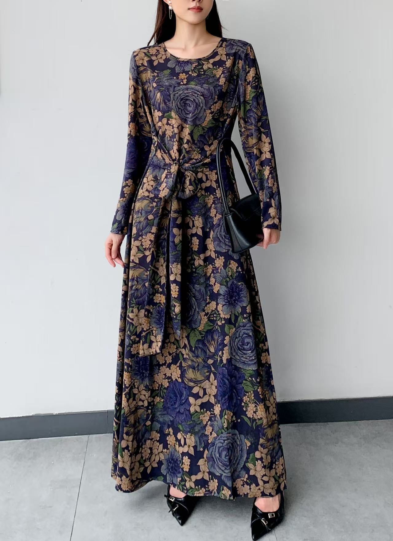Floral Belt Maxi Dress (L-24807)