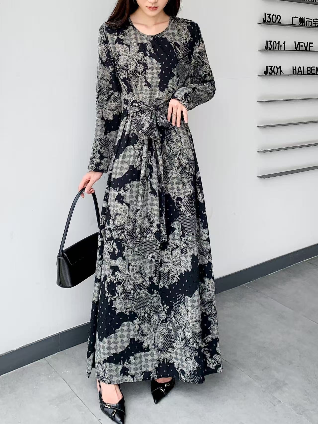 Floral Belt Maxi Dress (L-24807)