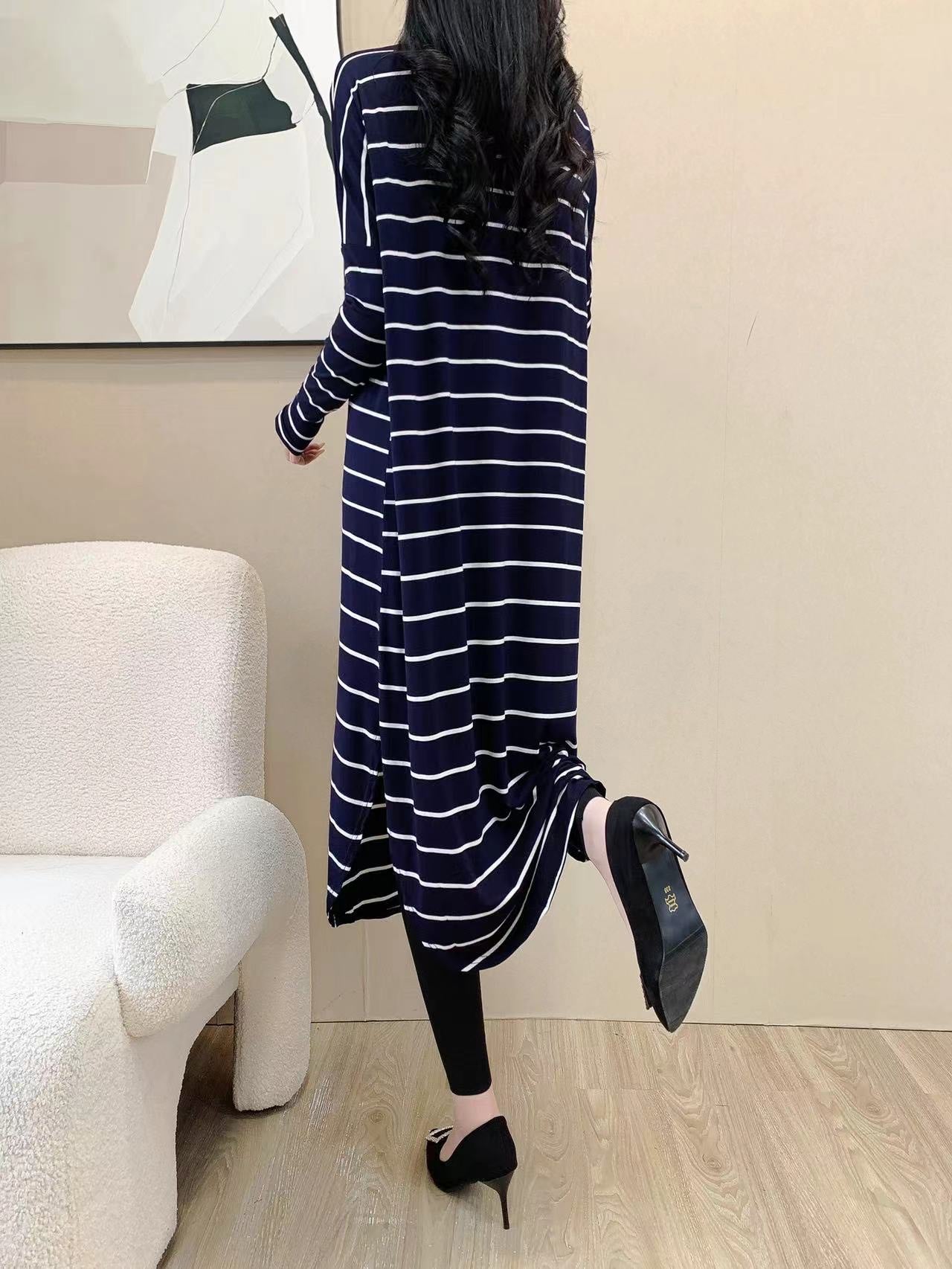 Baggy Striped Shirt Maxi Dress (L-19030)