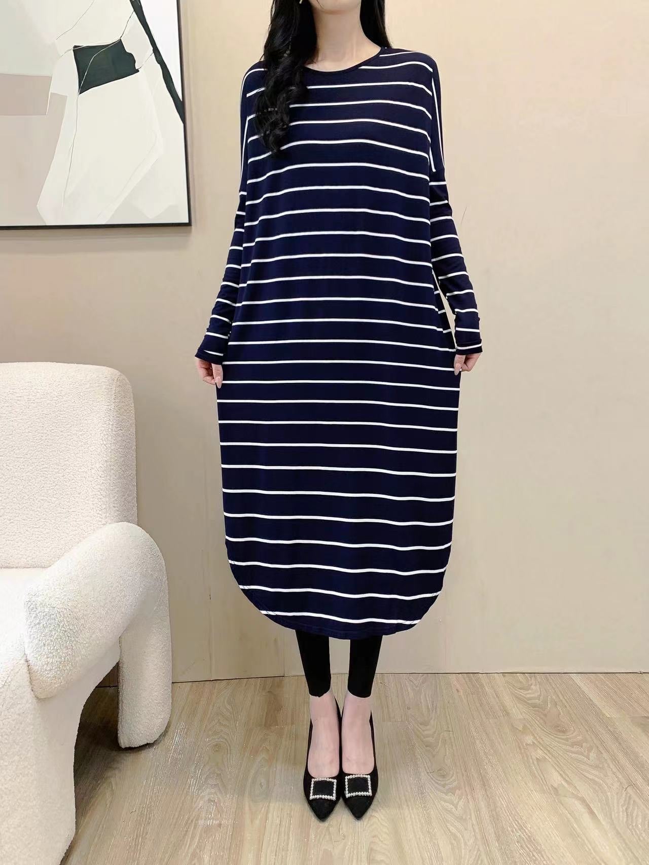 Baggy Striped Shirt Maxi Dress (L-19030)