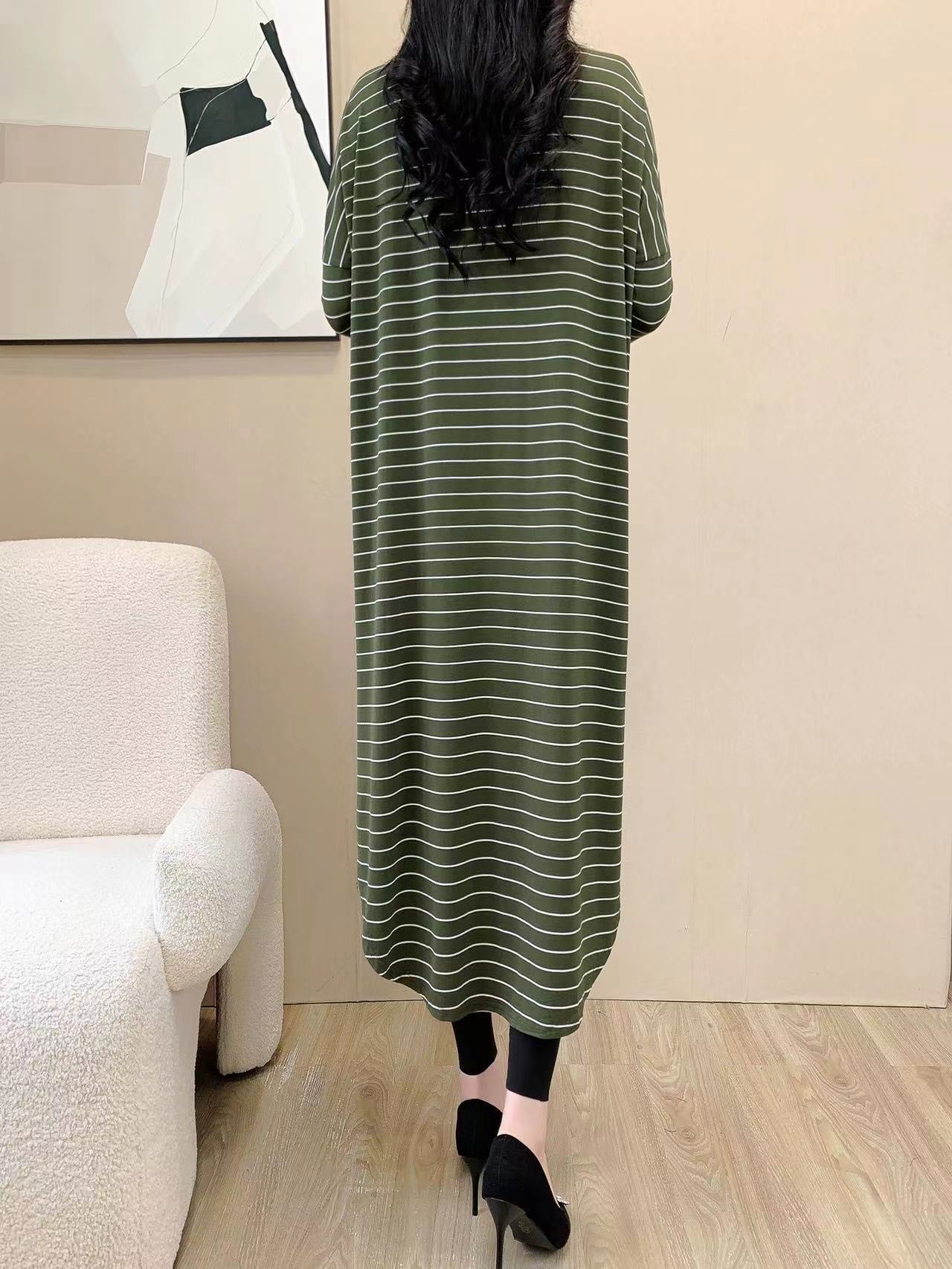 Baggy Striped Shirt Maxi Dress (L-19030)