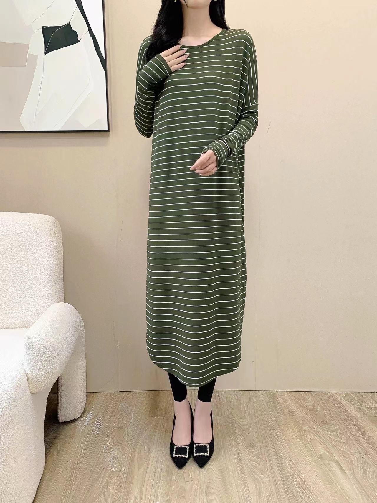 Baggy Striped Shirt Maxi Dress (L-19030)
