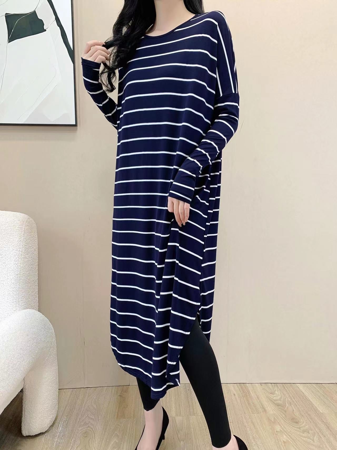 Baggy Striped Shirt Maxi Dress (L-19030)