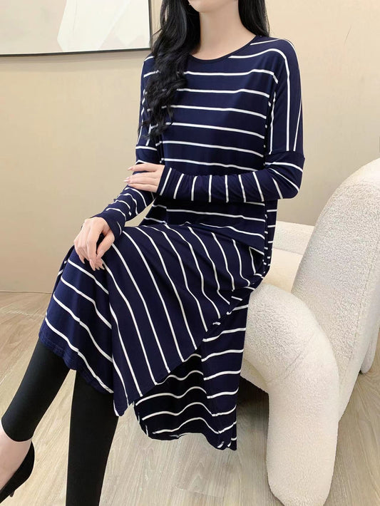 Baggy Striped Shirt Maxi Dress (L-19030)