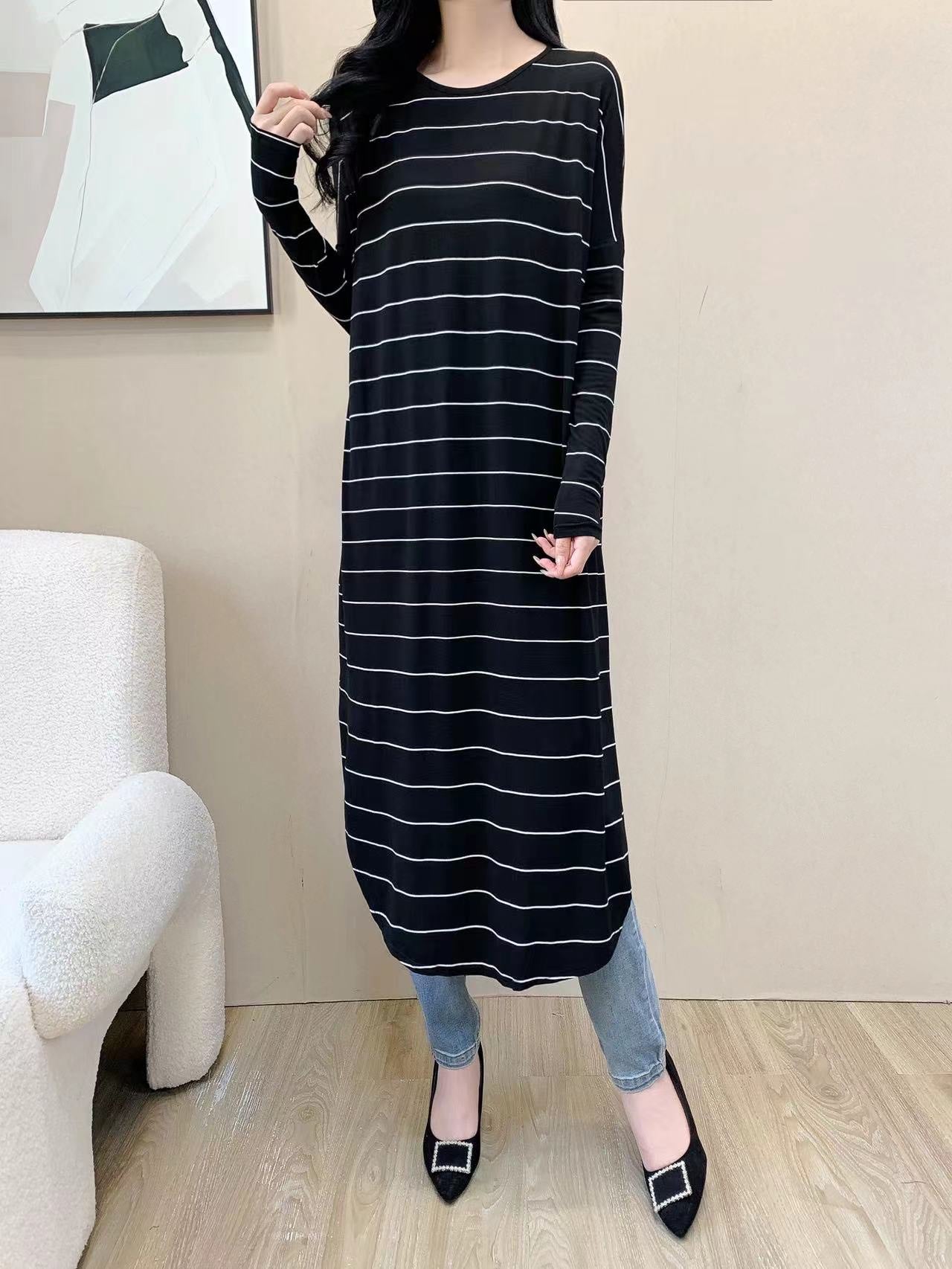 Baggy Striped Shirt Maxi Dress (L-19030)