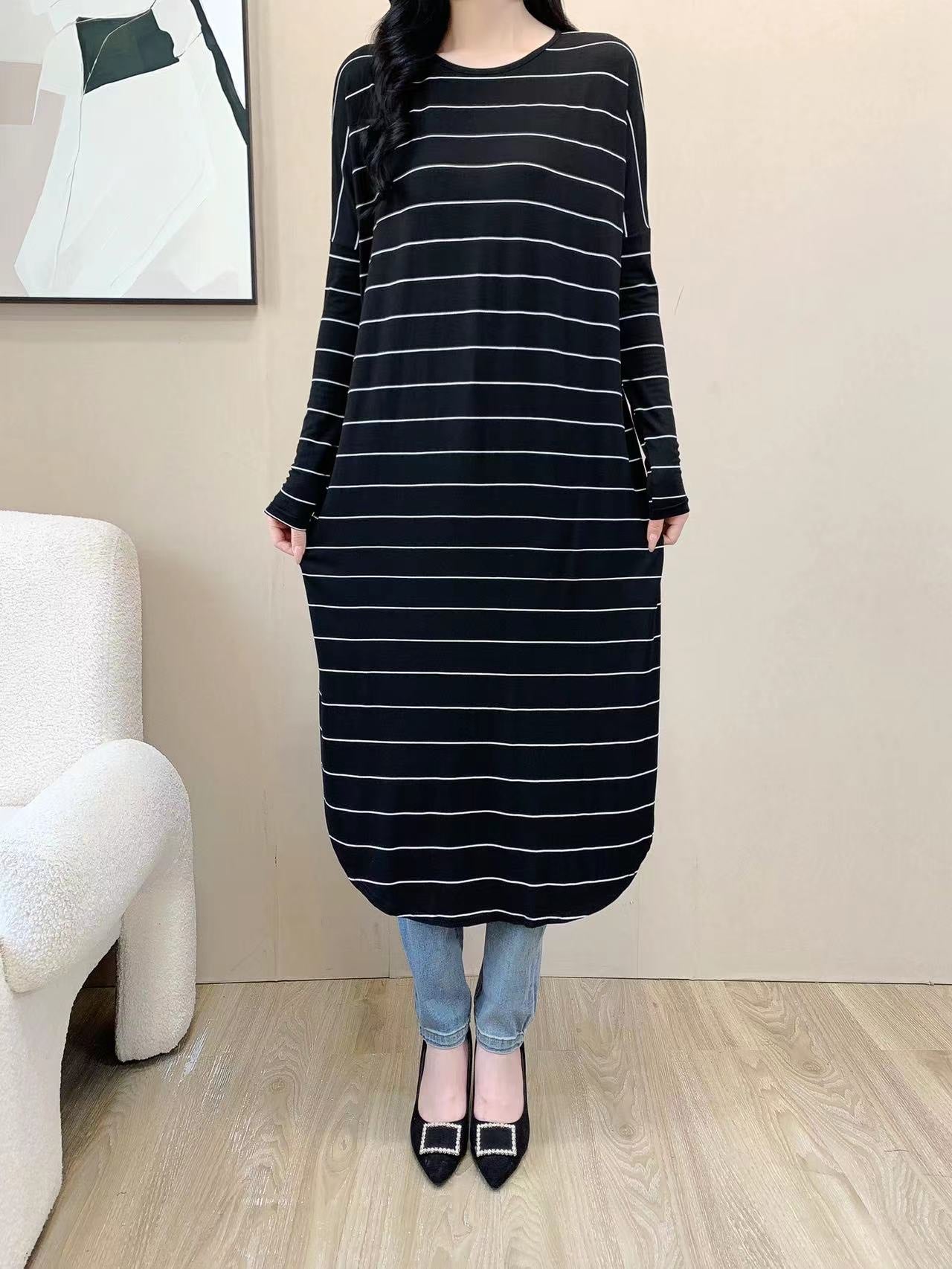 Baggy Striped Shirt Maxi Dress (L-19030)