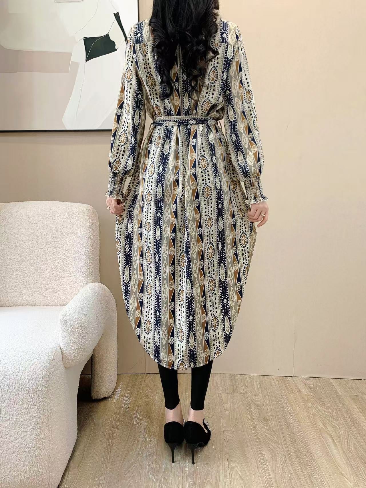 Abstract Floral Print Knee Dress (L-21319C)