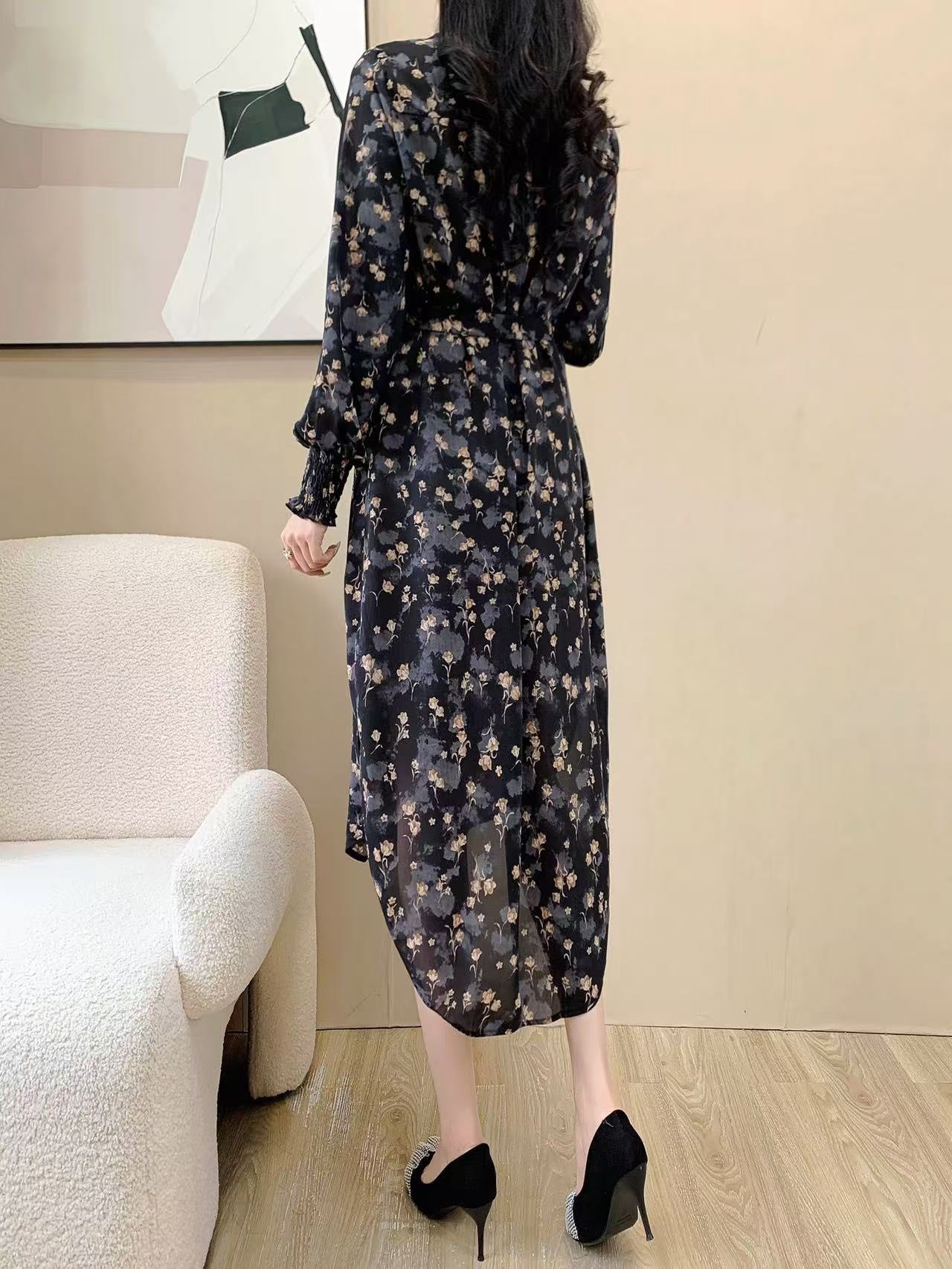 Abstract Floral Print Knee Dress (L-21319C)