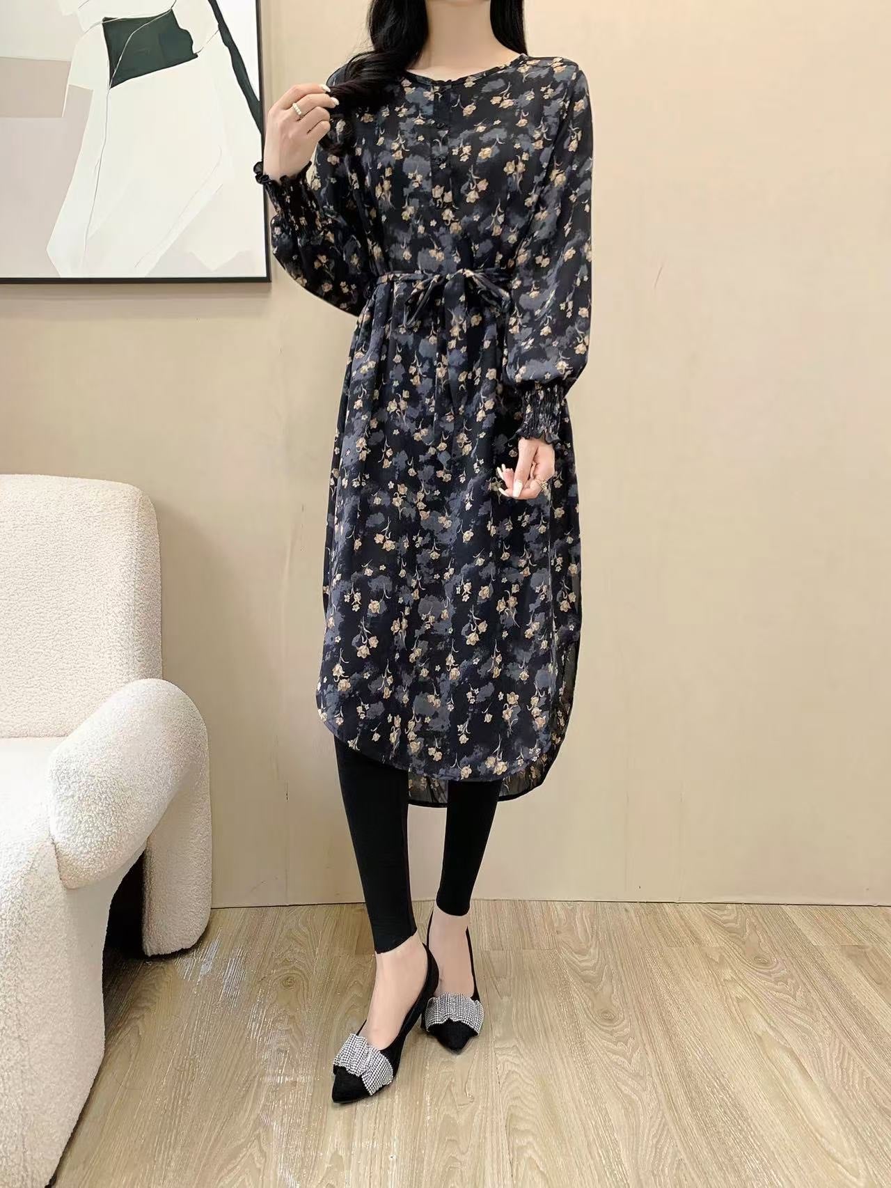 Abstract Floral Print Knee Dress (L-21319C)