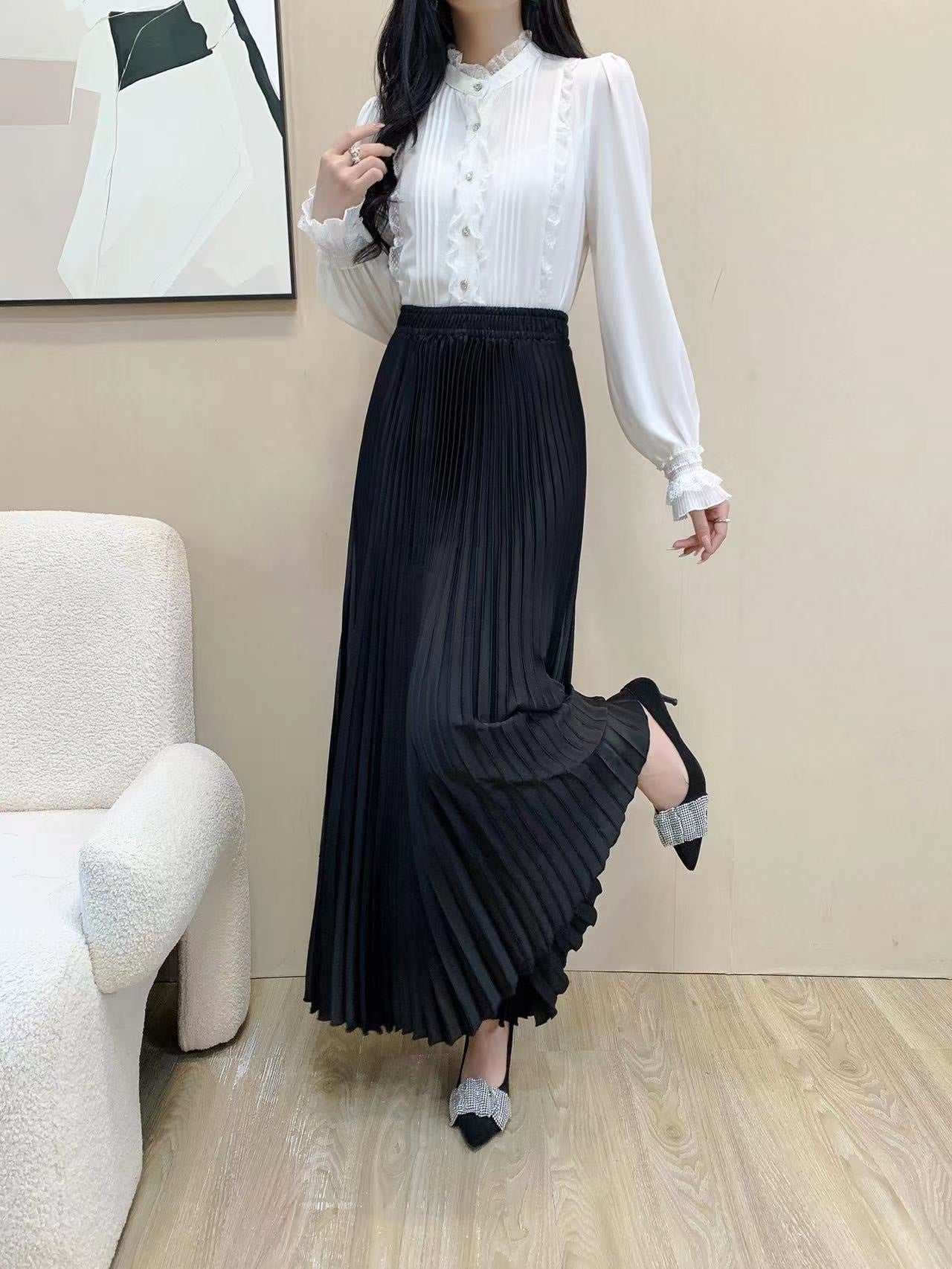 Silk Pleated Maxi Skirt (L-23205)