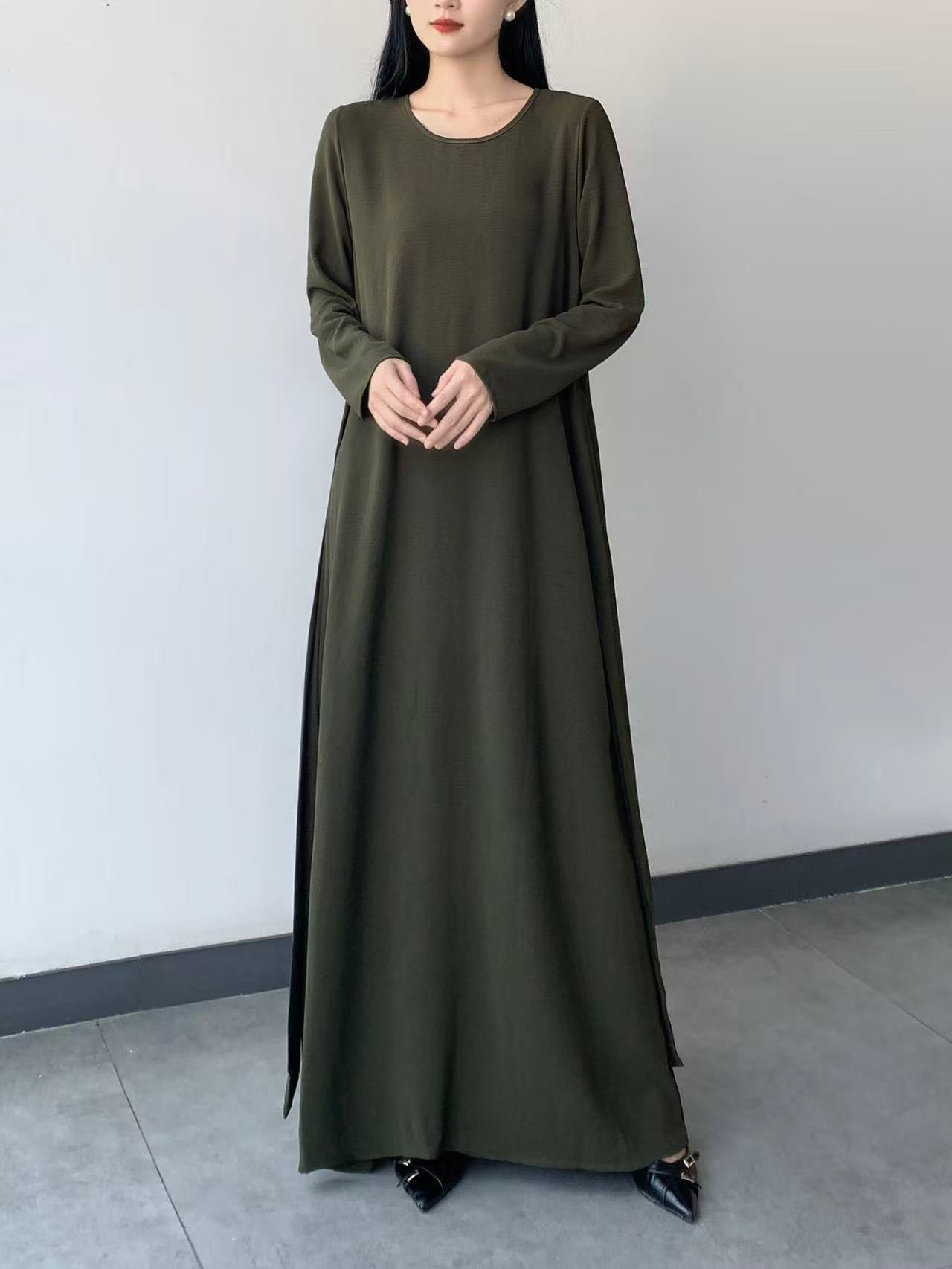 Long Sleeve Belted Maxi Dress ( L-24807A )