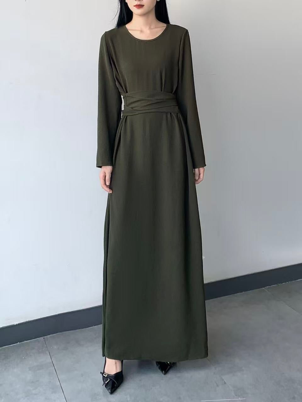 Long Sleeve Belted Maxi Dress ( L-24807A )