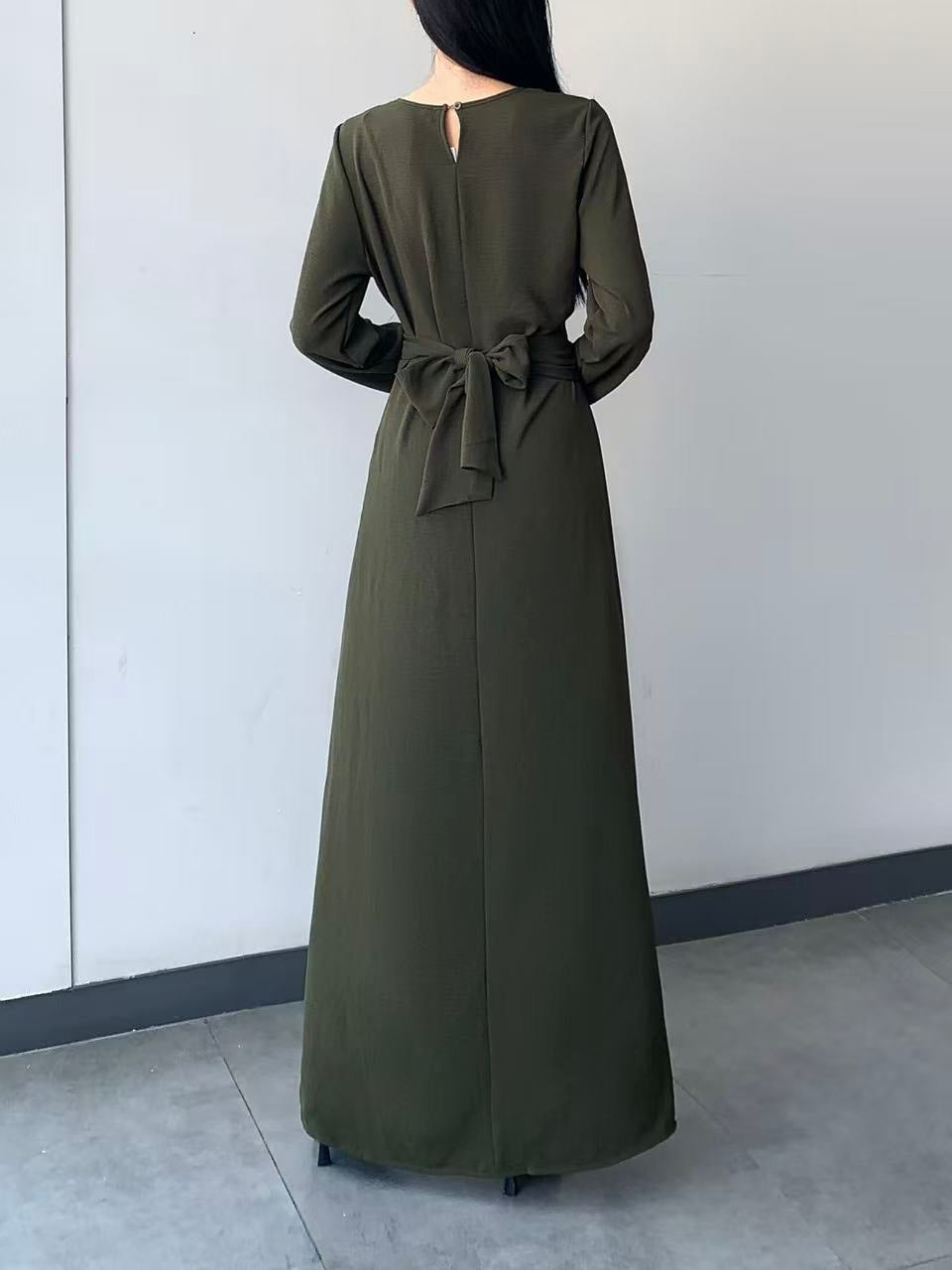 Long Sleeve Belted Maxi Dress ( L-24807A )