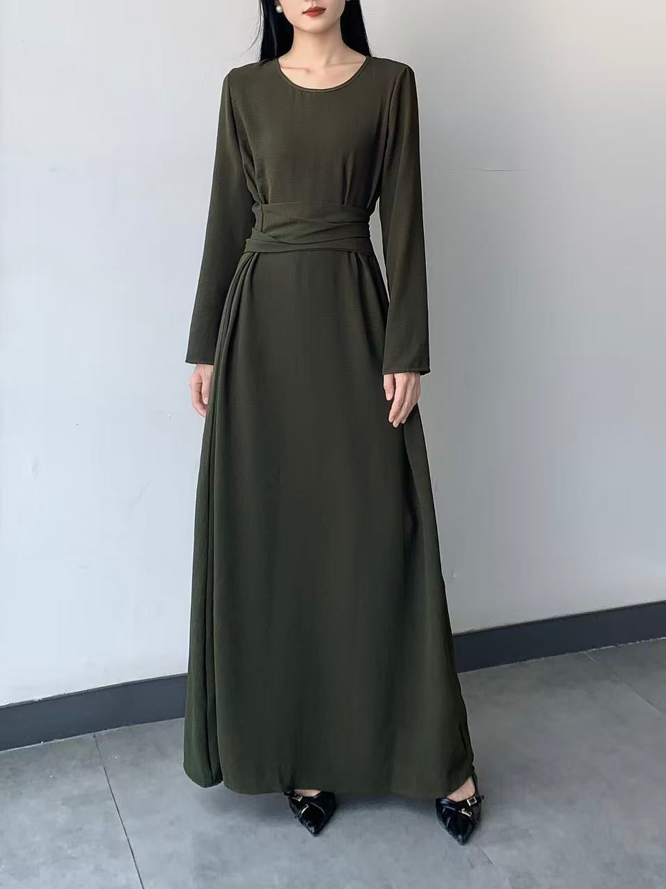 Long Sleeve Belted Maxi Dress ( L-24807A )