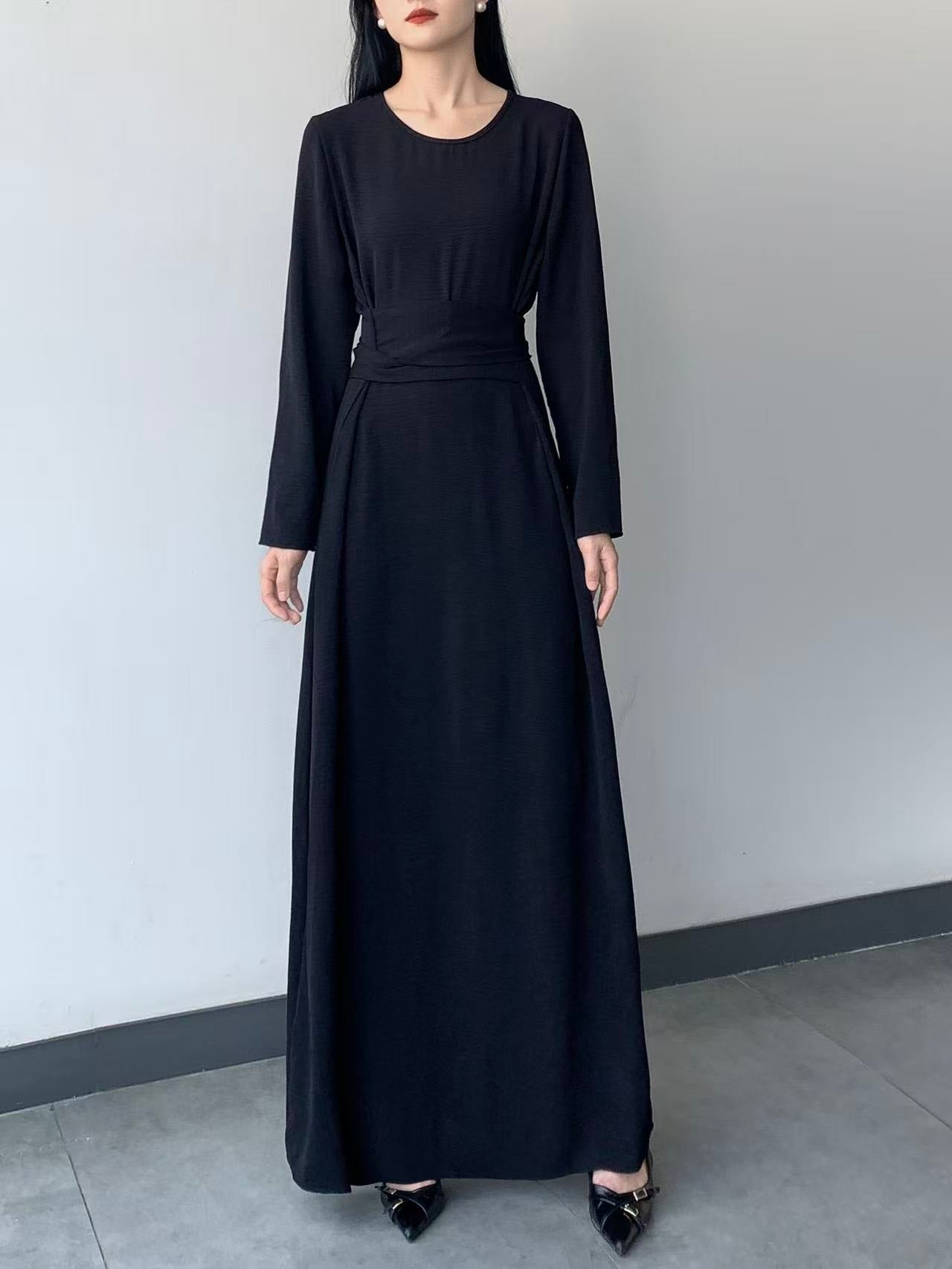 Long Sleeve Belted Maxi Dress ( L-24807A )