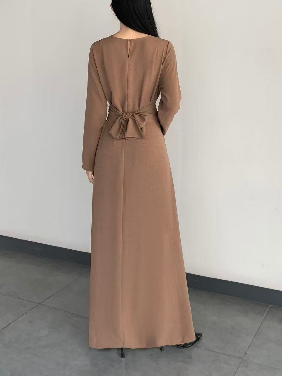 Long Sleeve Belted Maxi Dress ( L-24807A )
