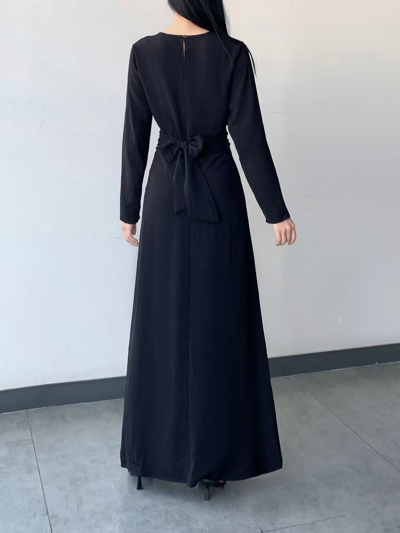 Long Sleeve Belted Maxi Dress ( L-24807A )