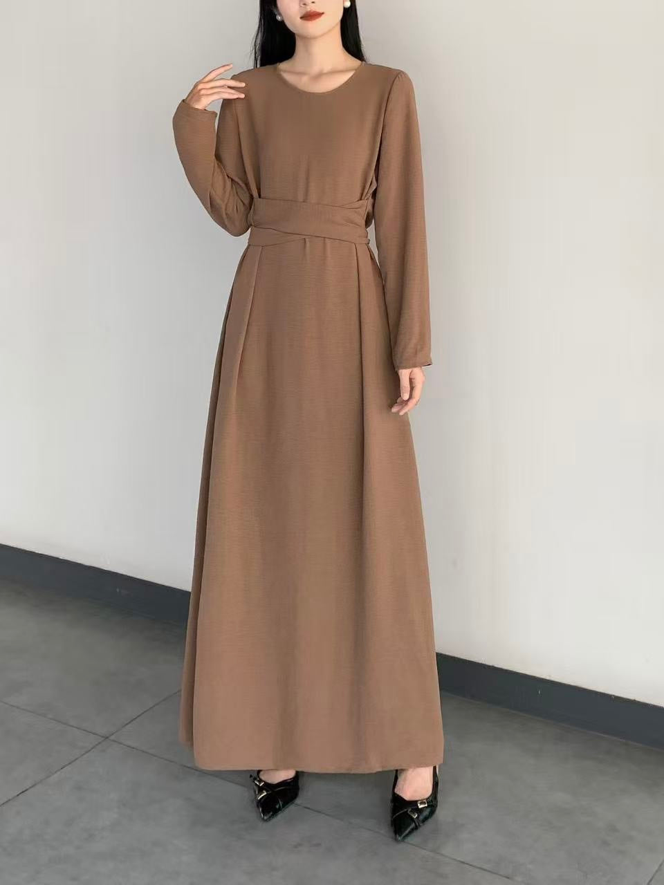 Long Sleeve Belted Maxi Dress ( L-24807A )