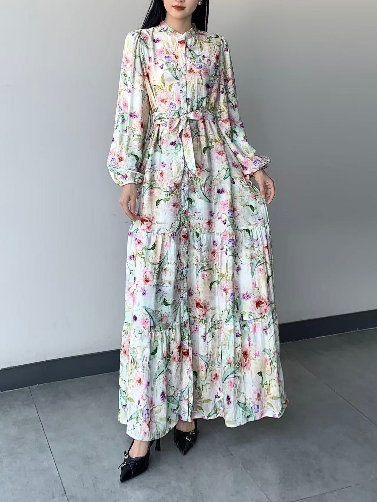 Fully Lined Floral Long Sleeve Maxi Dress ( L-24809A )