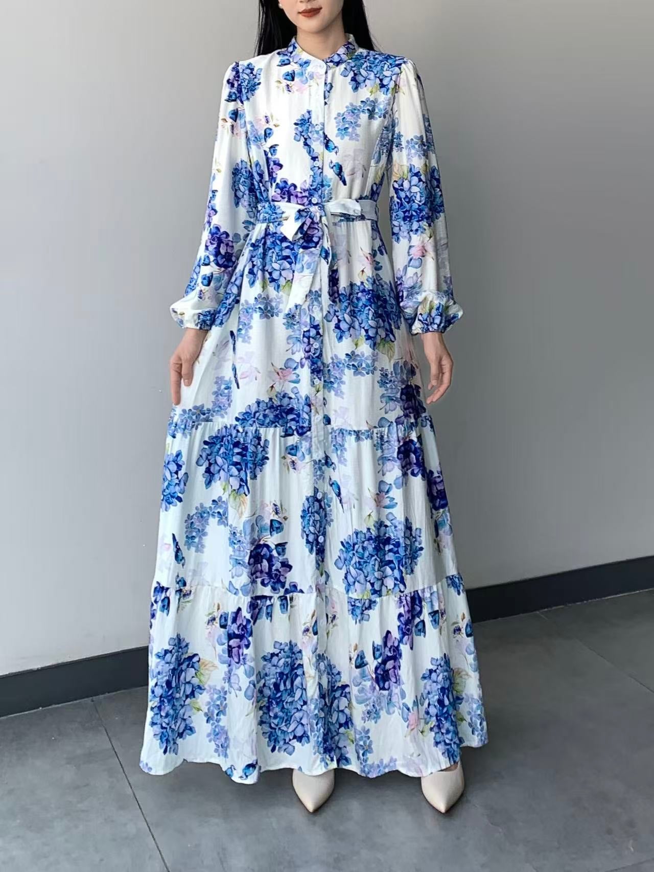 Fully Lined Floral Long Sleeve Maxi Dress ( L-24809A )