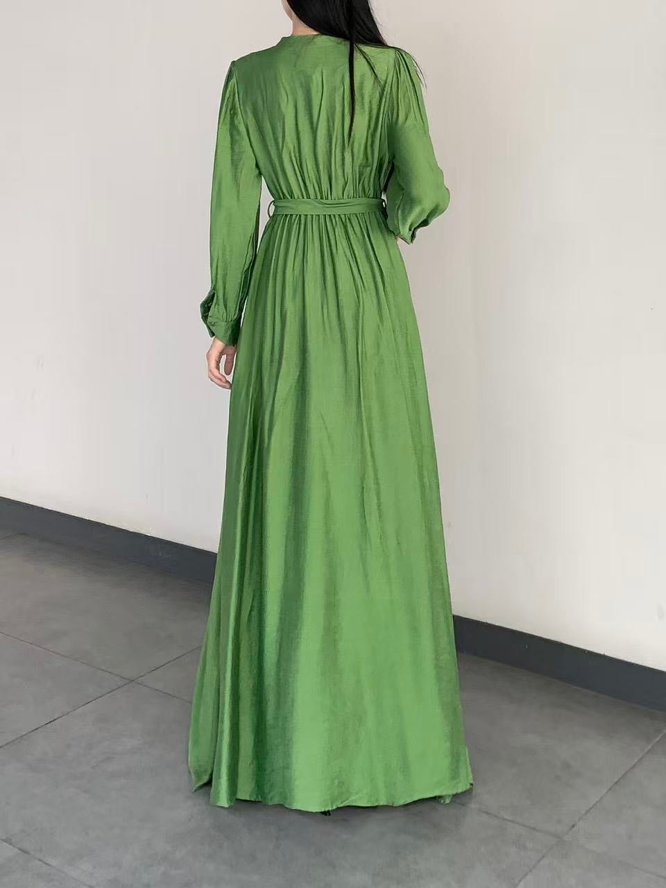 Button-Front Tie-Waist Long Dress ( L-25902 )