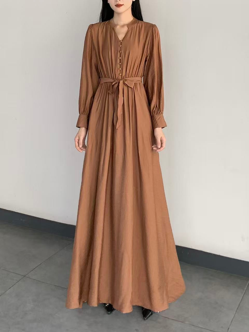 Button-Front Tie-Waist Long Dress ( L-25902 )