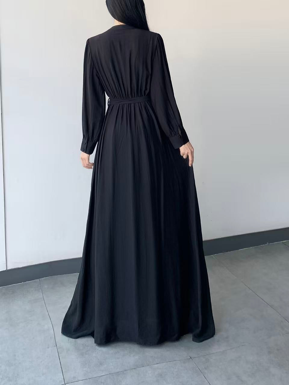 Button-Front Tie-Waist Long Dress ( L-25902 )