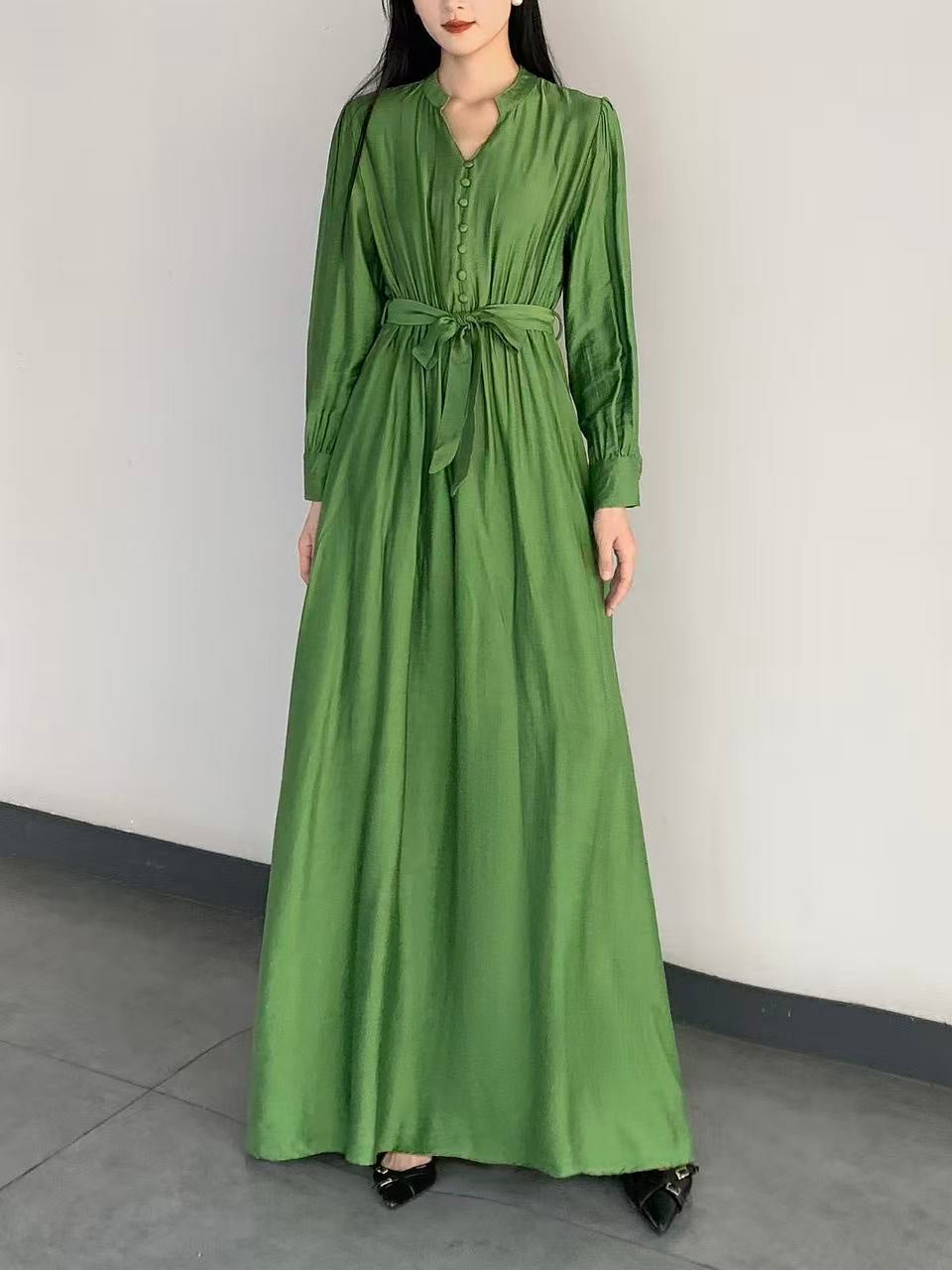 Button-Front Tie-Waist Long Dress ( L-25902 )