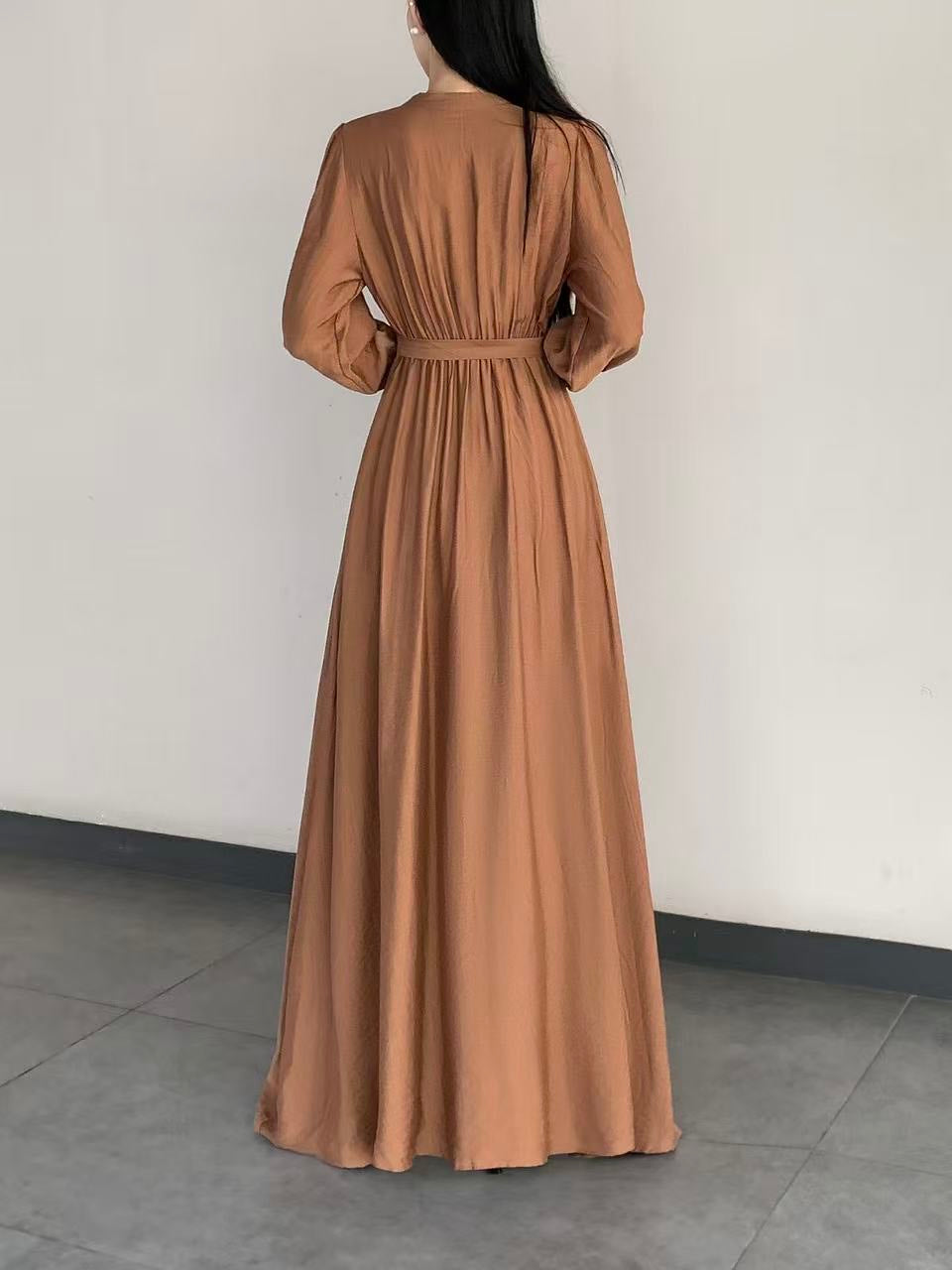 Button-Front Tie-Waist Long Dress ( L-25902 )