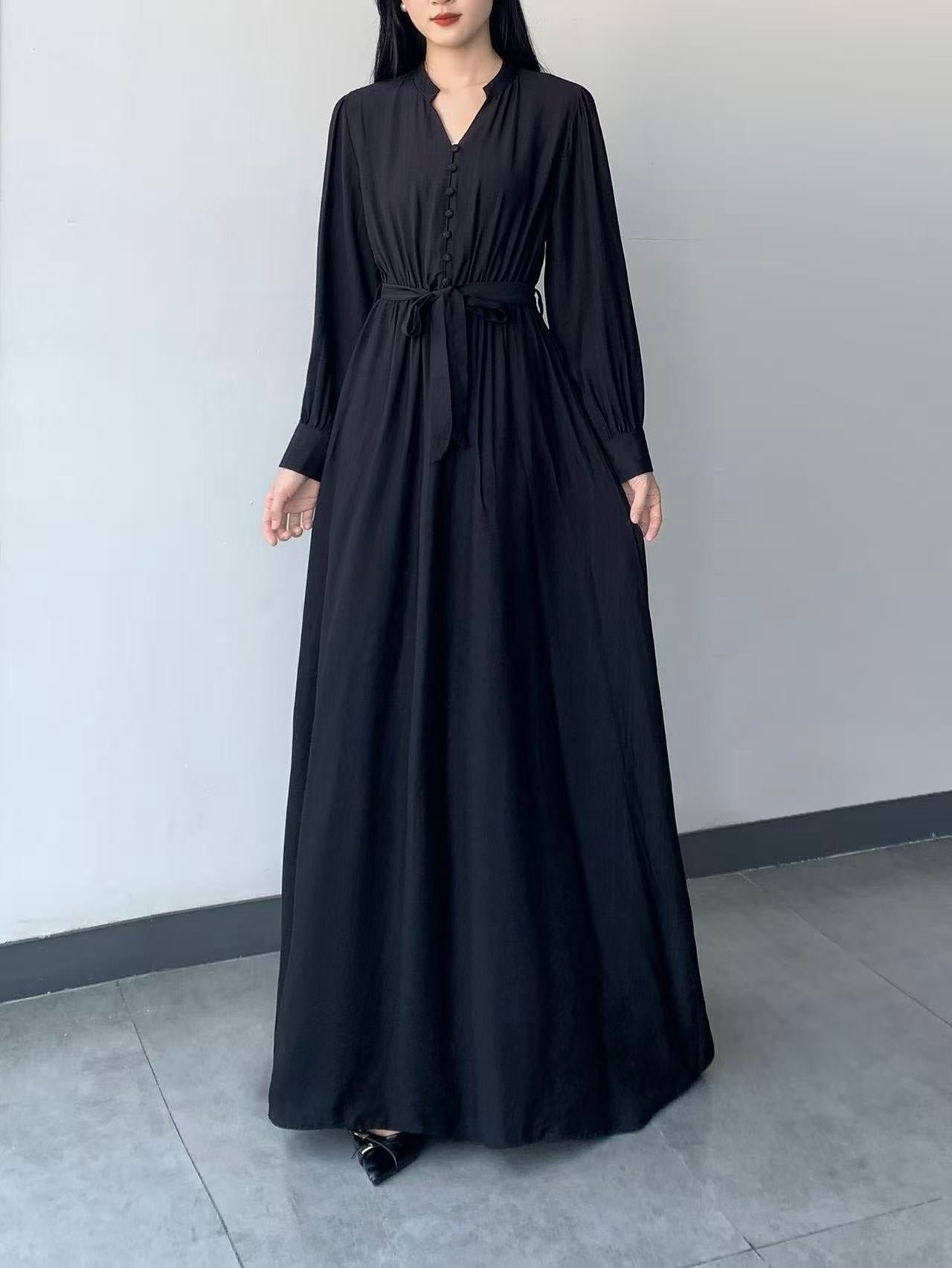Button-Front Tie-Waist Long Dress ( L-25902 )