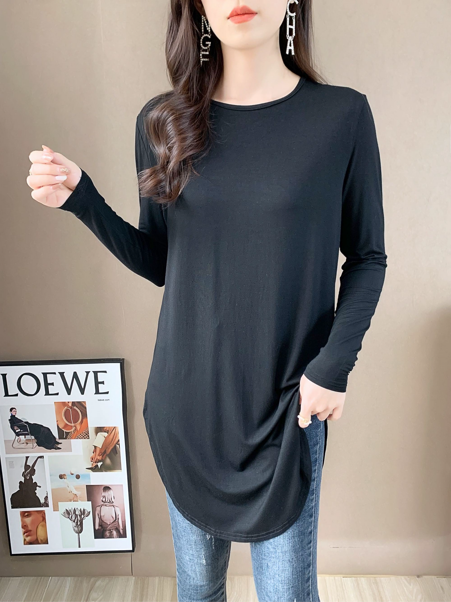 Drop Shoulder Long Sleeve Jersey Top (L-1916A)